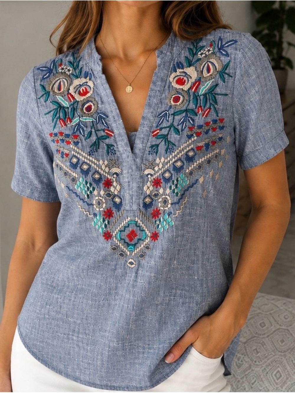 Kyla Seo Blue Embroidered Boho Tunic Blouse Top Size Small